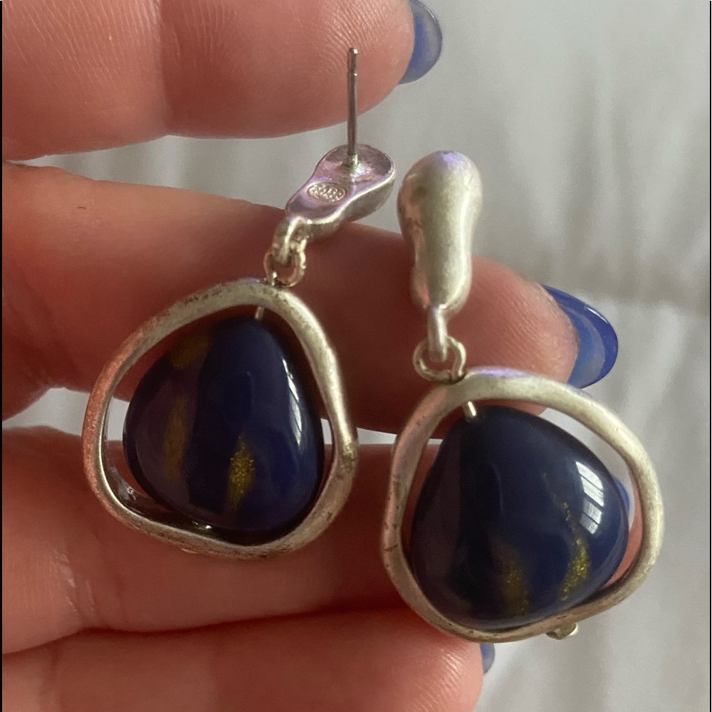 Blue and silver tone fashion earrings.